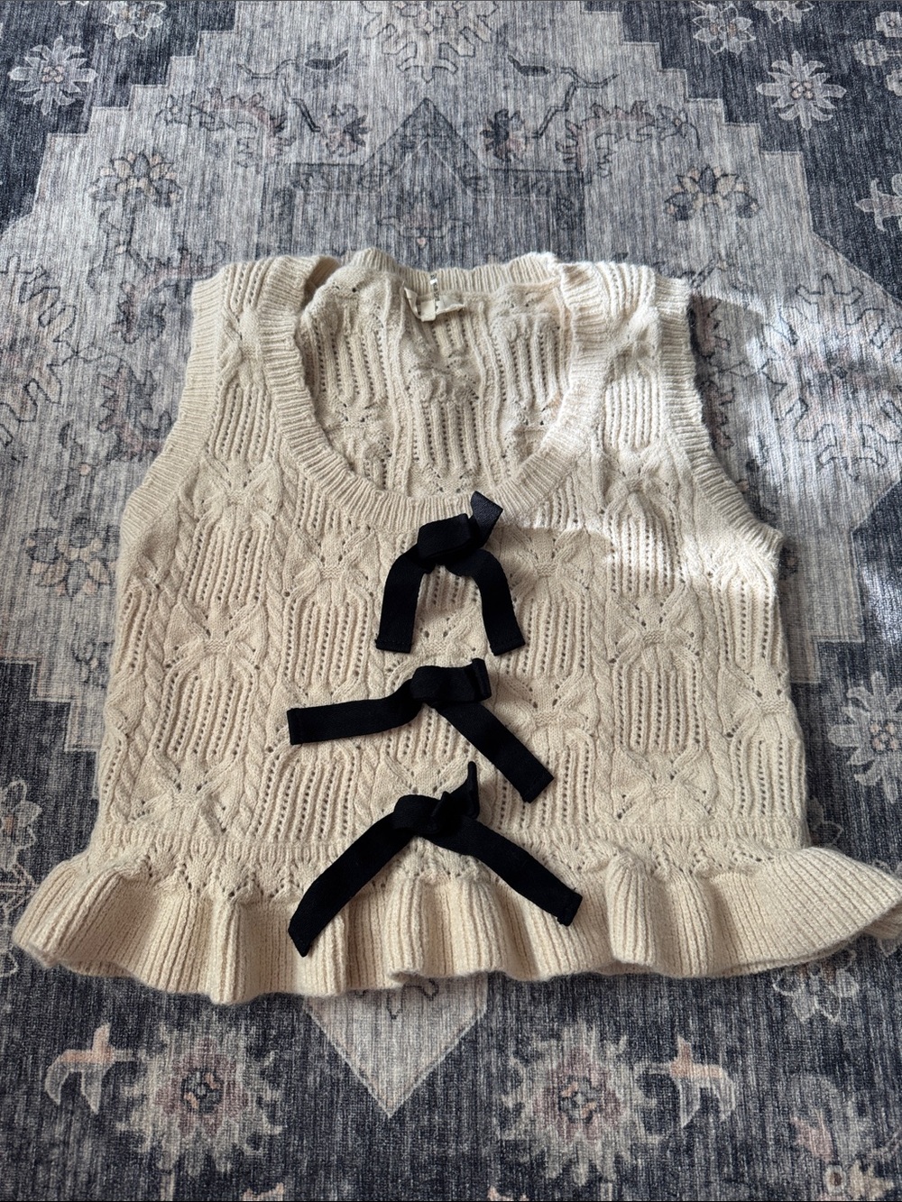 entro Cream Knit Tank Top with Black Ribbon Bows